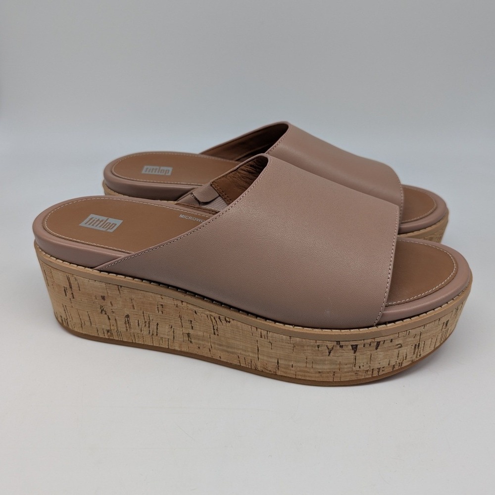 FitFlop Eloise Leather Slide Sandals Women Size 10 Blush Tan Cork Wedge Platform